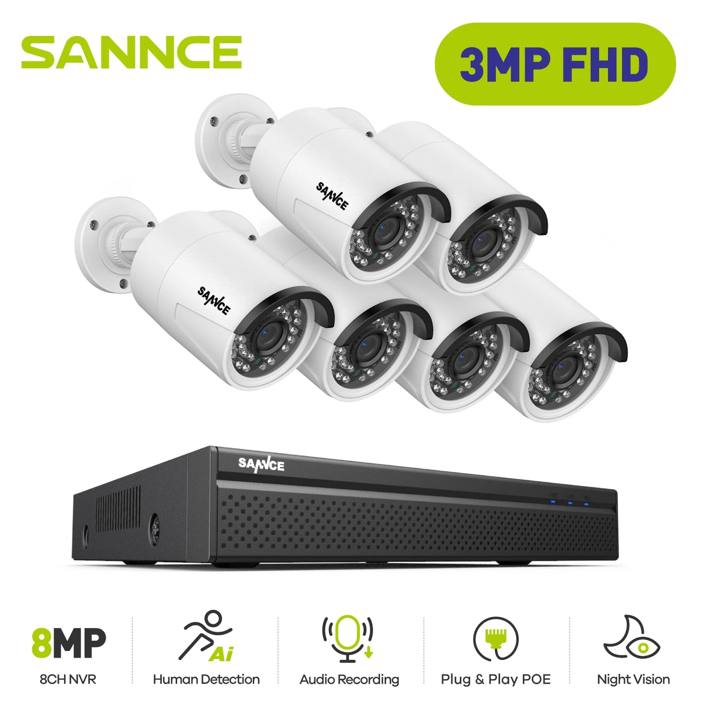 SANNCE 5MP POE Security Camera System 8 Channel NVR Recorder