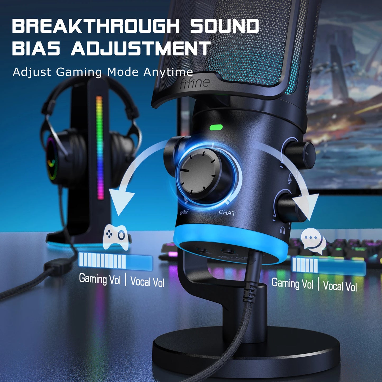FIFINE USB Gaming Microphone With Noise Cancellation RGB Gain
