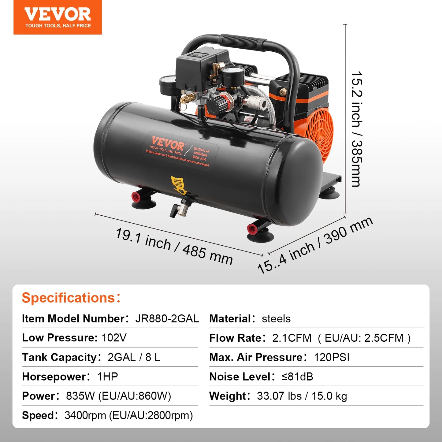 VEVOR Oil Free Air Compressor 125 PSI Quiet Portable Pump