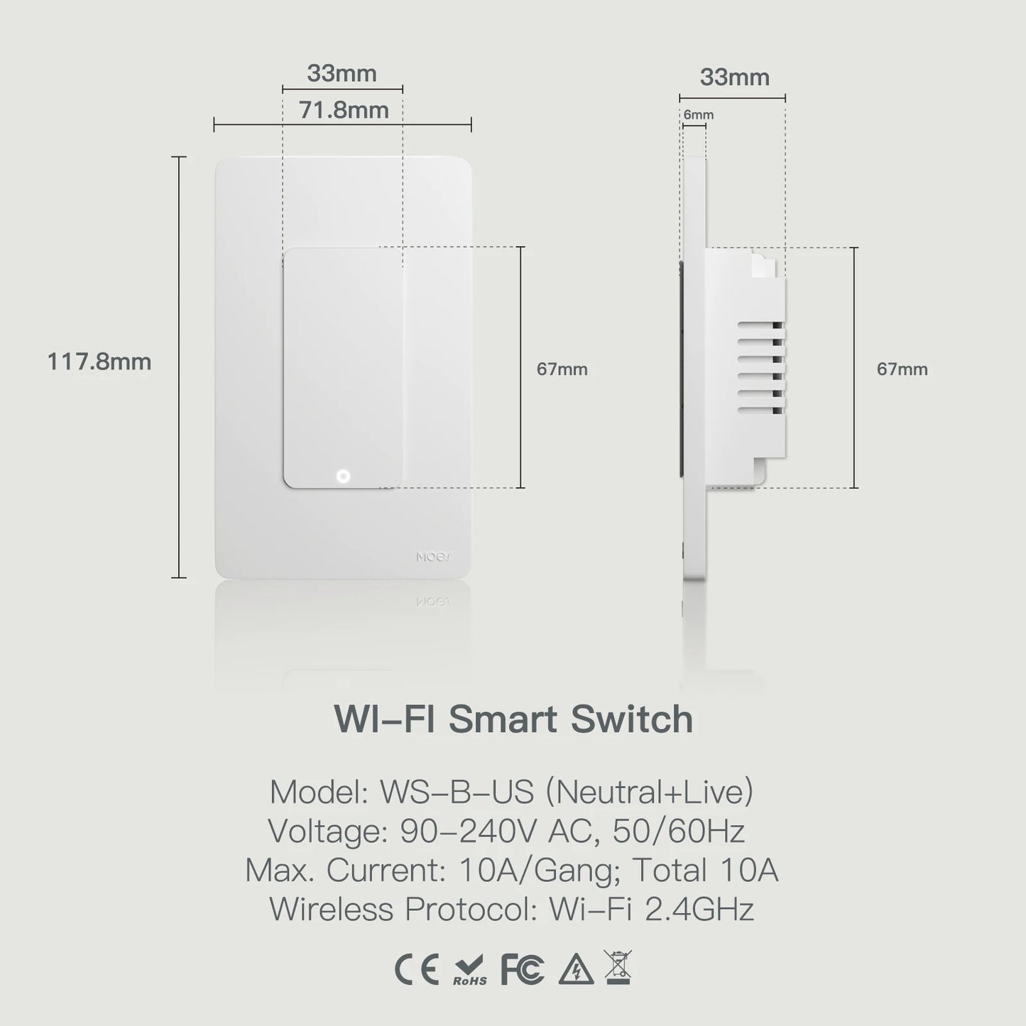 MOES Tuya WiFi Smart Light Switch United States Single Pole