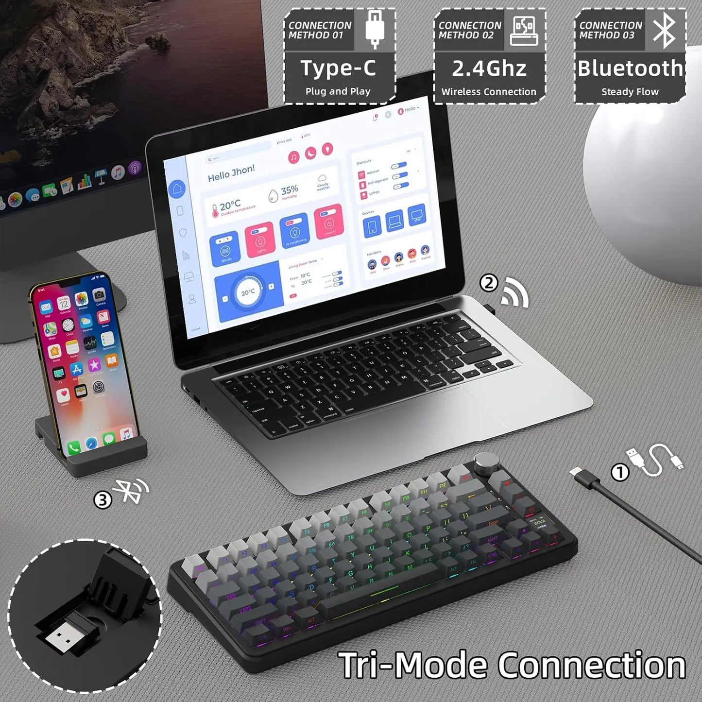 ATTACK SHARK X85Pro 75% Mechanical Keyboard with Screen & Knob Hot Swappable Wireless 2.4GHz/Bluetooth/Wired RGB Gasket Mount QM