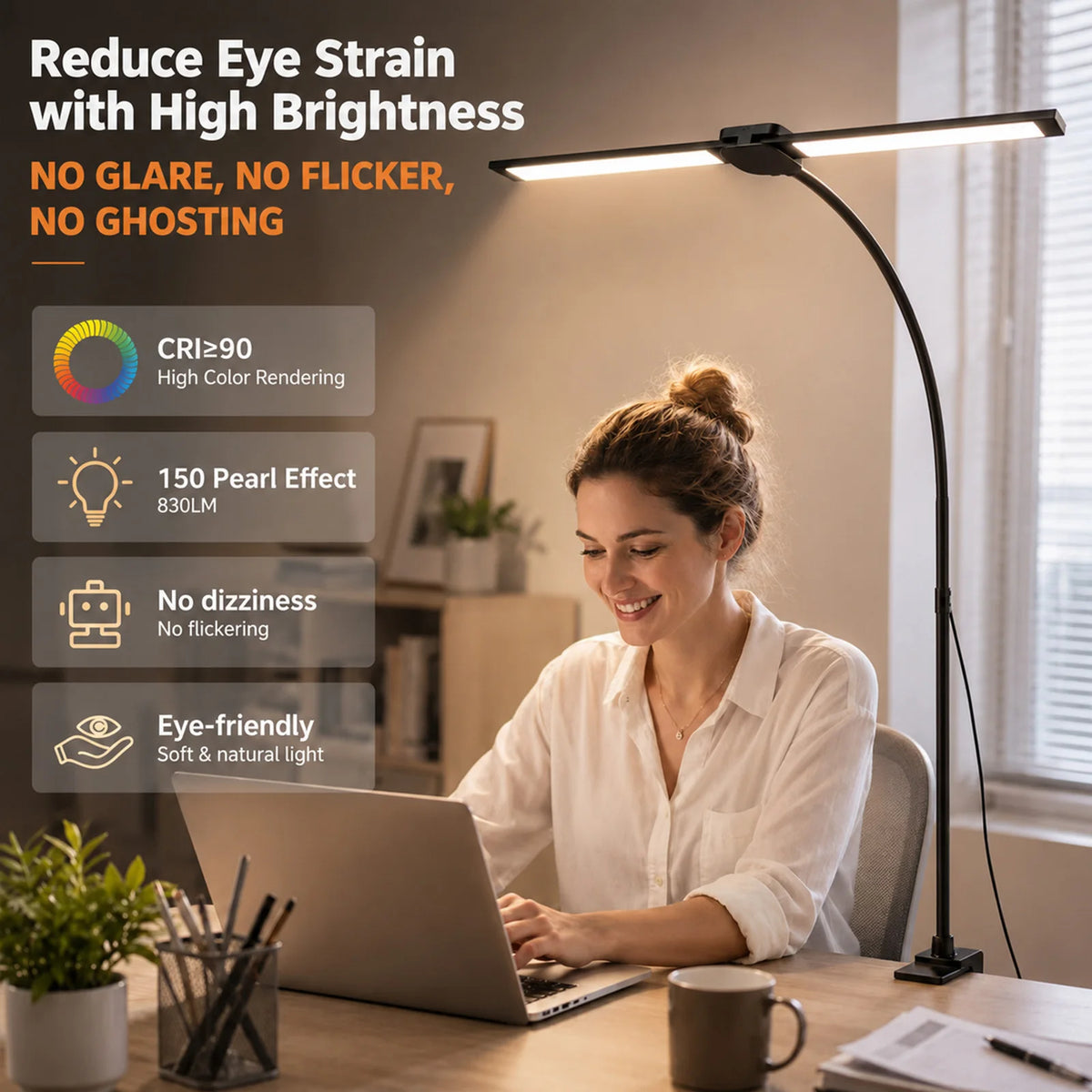 Eye-care Double Head Desk Lamp LED Clip-on 180 Degree Foldable 3 Color Modes Adjustable 3000K-6000K 10 Brightness Levels Computer Screen Light for Home Reading PC Game