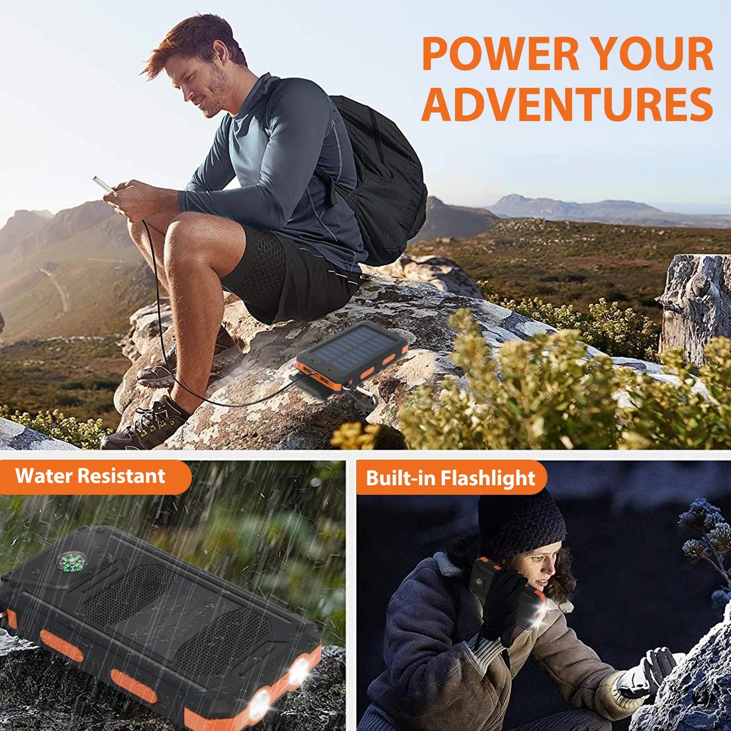 20000mAh Solar Power Bank Waterproof Dual USB Ports LED Light