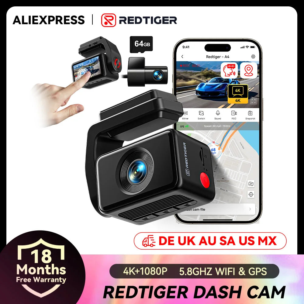 Redtiger A4 4K Dash Cam Front And Rear Recorder GPS