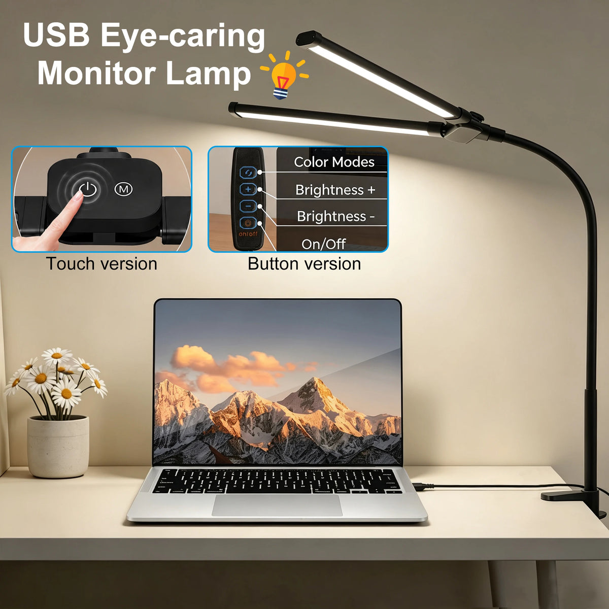 Eye-care Double Head Desk Lamp LED Clip-on 180 Degree Foldable 3 Color Modes Adjustable 3000K-6000K 10 Brightness Levels Computer Screen Light for Home Reading PC Game