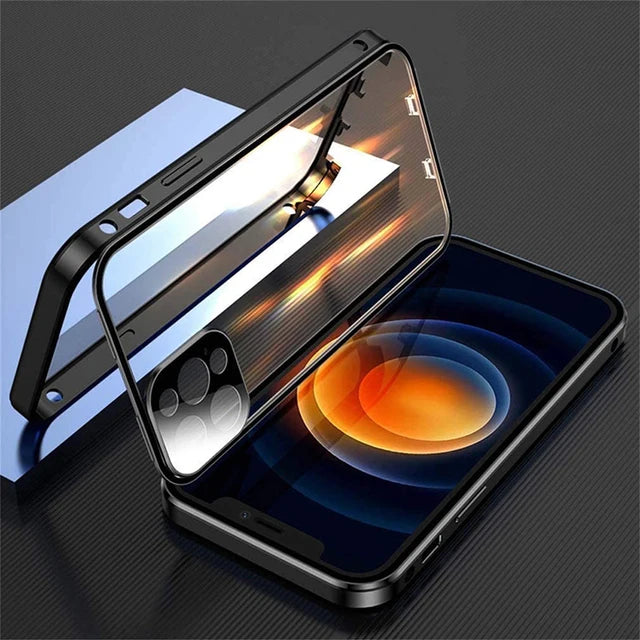 360°Full Protected Metal Magnetic Double-Sided Glass Snap Lock Phone Case For iPhone 16 Pro Max 14 13 12 15 Pro Max Bumper Cover