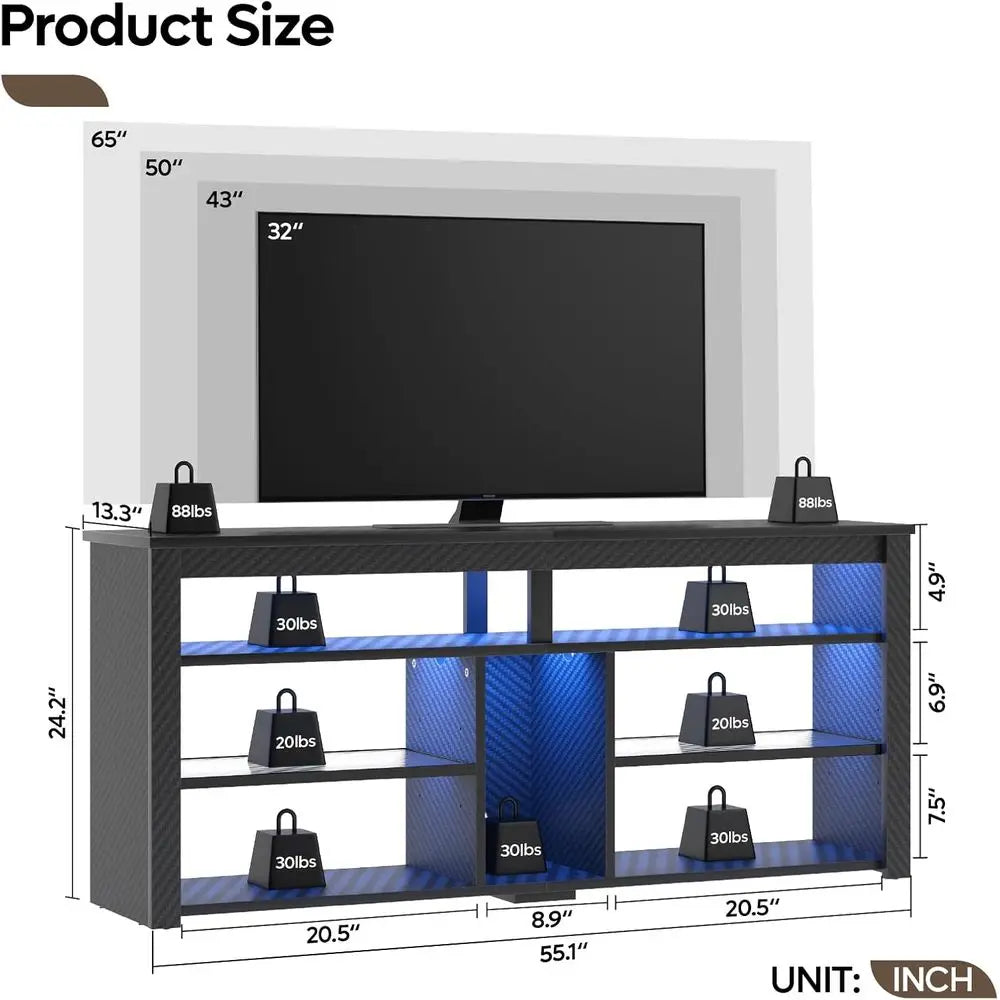 Modern LED TV Stand With Media Storage And Adjustable Shelves