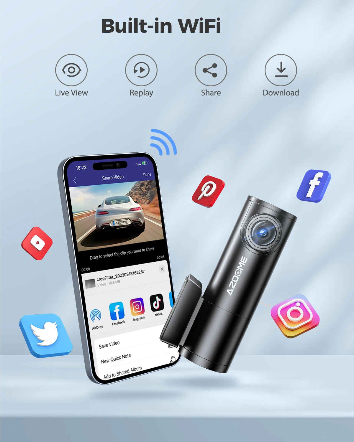 AZDOME 1296P Dash Cam With WiFi Night Vision Parking Monitor
