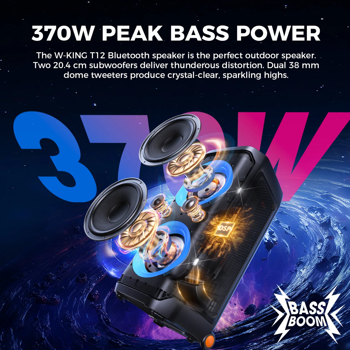 W-King T12 Portable Bluetooth Speaker 370W Max Sound System