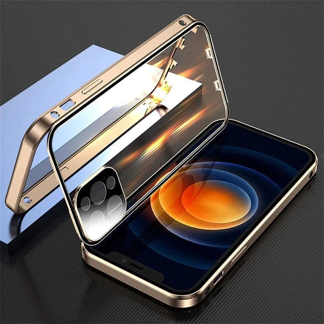 360°Full Protected Metal Magnetic Double-Sided Glass Snap Lock Phone Case For iPhone 16 Pro Max 14 13 12 15 Pro Max Bumper Cover