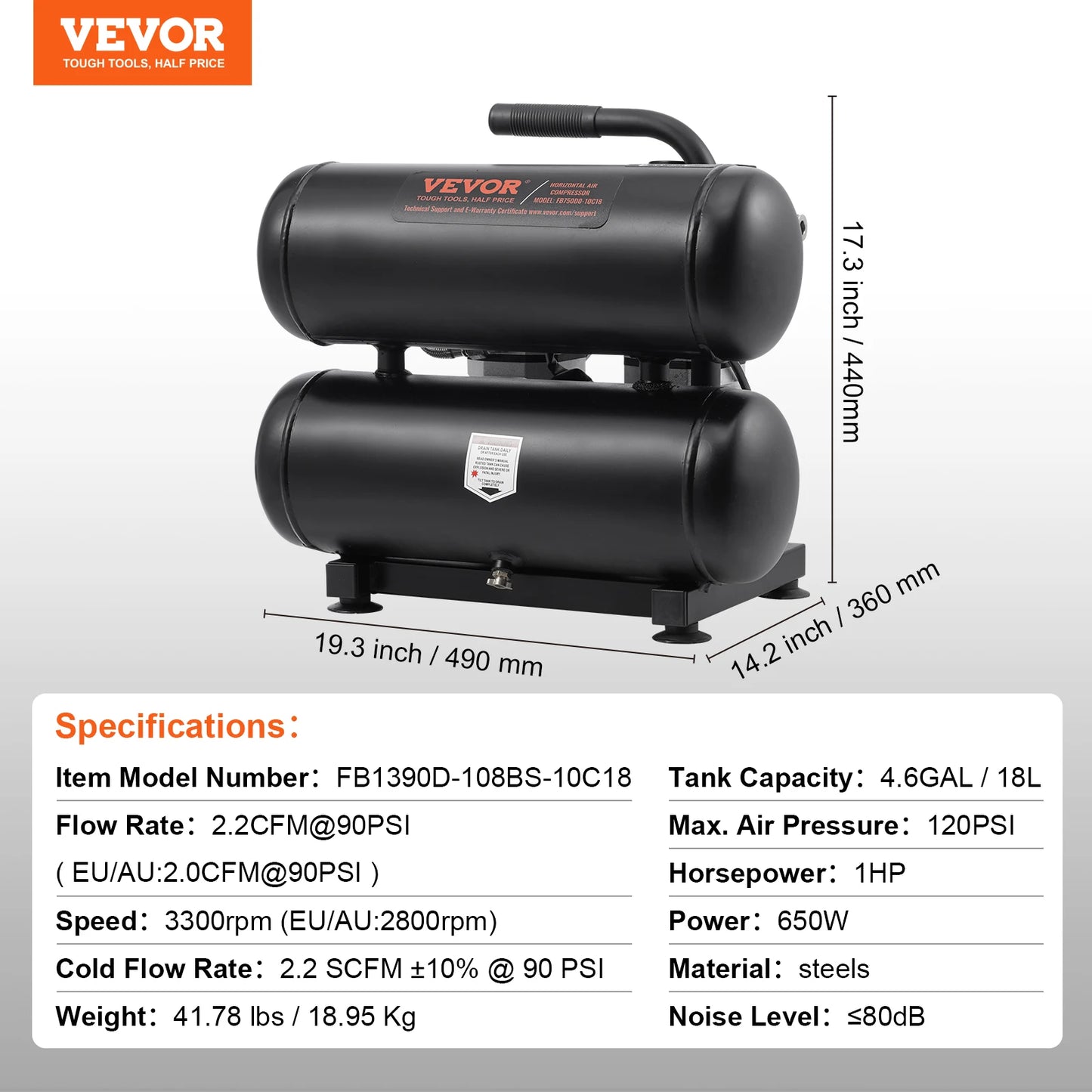 VEVOR Oil Free Air Compressor 125 PSI Quiet Portable Pump