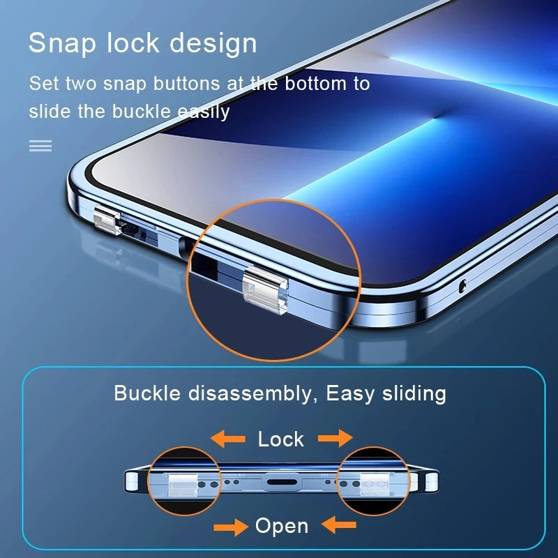 360°Full Protected Metal Magnetic Double-Sided Glass Snap Lock Phone Case For iPhone 16 Pro Max 14 13 12 15 Pro Max Bumper Cover
