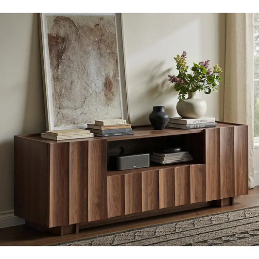 Contemporary Wooden TV Stand Featuring Wave Design And Adjustable Shelving