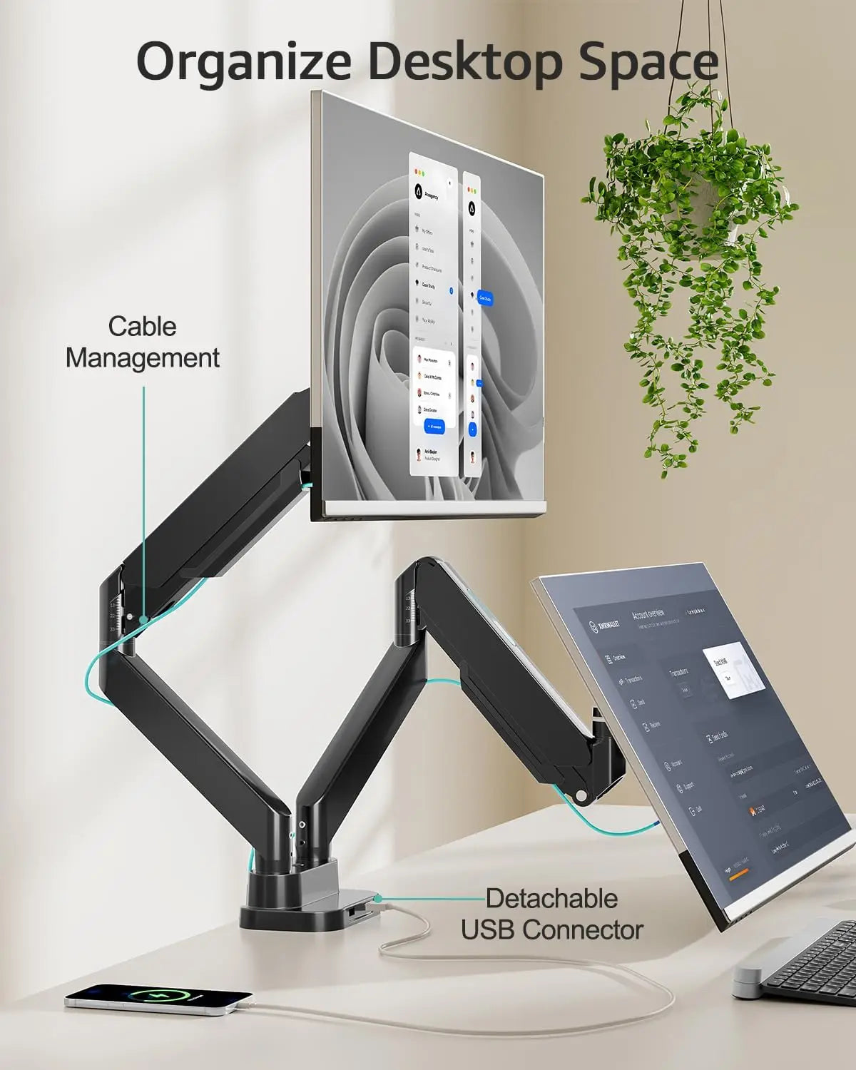 Dual Monitor Mount With Gas Spring Arm And USB Ports