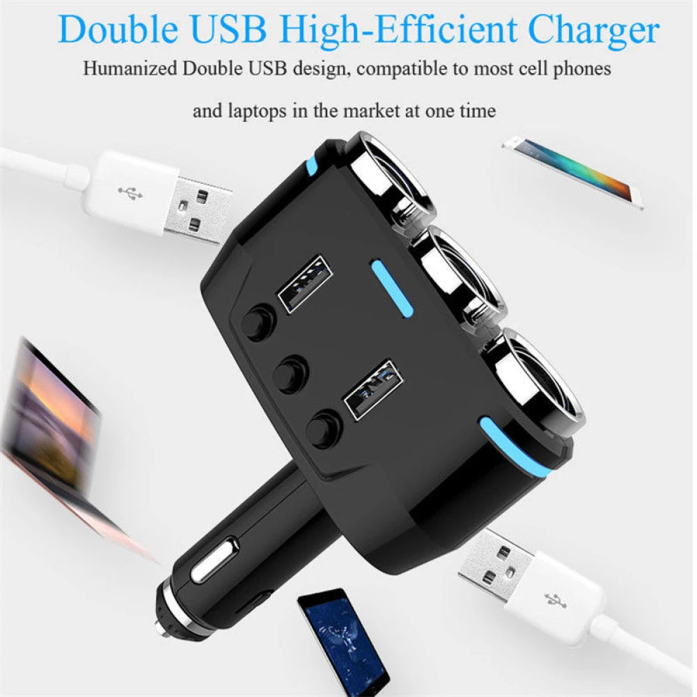 100W Car Cigarette Lighter Splitter With Dual Usb Fast Charger