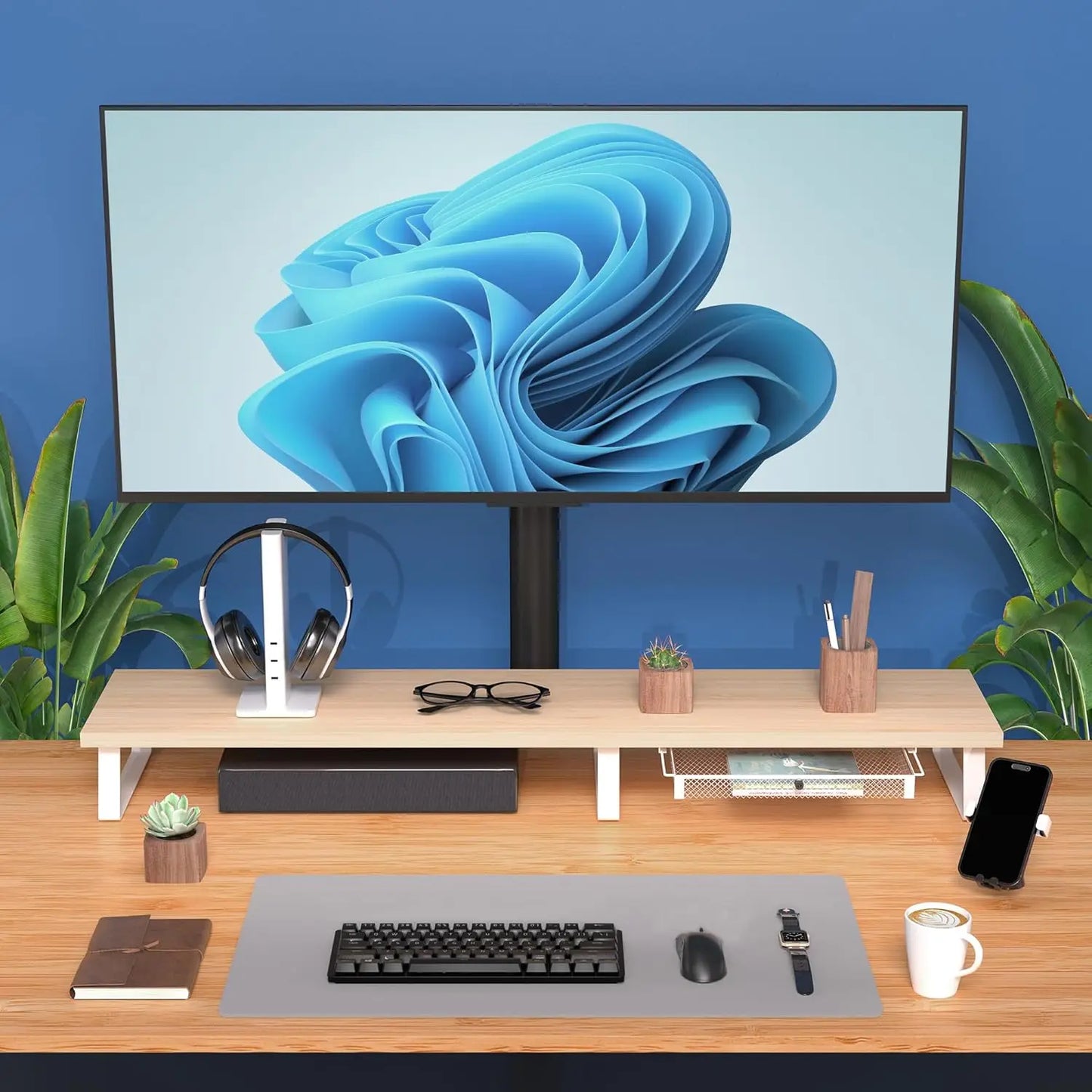Dual Monitor Stand With Drawer And Wooden Desk Riser