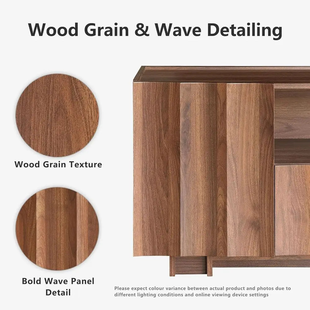 Contemporary Wooden TV Stand Featuring Wave Design And Adjustable Shelving