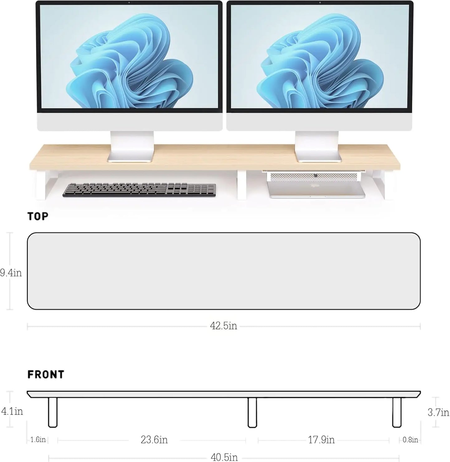 Dual Monitor Stand With Drawer And Wooden Desk Riser